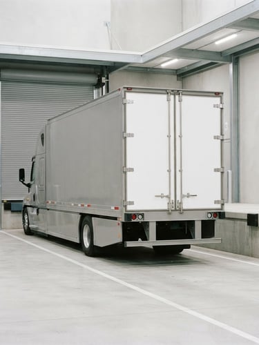 Exterior of a specialized climate-controlled art transport vehicle, sleek design, parked in a secure, clean loading dock, neutral archival tones, sharp focus, 35mm lens, wide panoramic