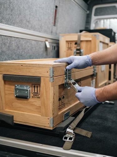 Gloved hands carefully securing a custom-built wooden art crate inside a climate-controlled vehicle, clean gallery lighting, sharp focus.
