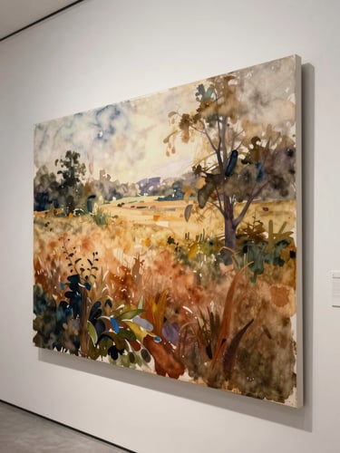 Edge-to-edge portrait-format watercolor painting displayed on a gallery wall, warm north-facing daylight illuminating the surface, loose brushwork visible in the mid-tones, rich pigment pooling in shadow areas, architectural white wall context at left edge fading into the painting's own warm field