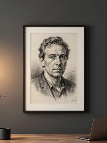 Warm architectural home office interior, a framed pencil sketch portrait mounted on a deep charcoal accent wall, warm incandescent side-light illuminating the piece from the left, minimal desk surface visible in the lower foreground, no people present, high-resolution detail visible in the sketch's tonal gradients