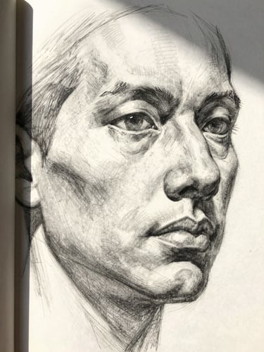 Extreme close-up of a photograph-derived pencil sketch on white paper, left-edge bleed, the subject's facial structure rendered in precise graphite lines with tonal hatching visible in the shadow planes, north-facing gallery daylight raking across the paper surface to reveal pencil texture and tooth, tight portrait crop