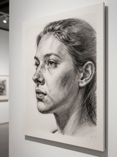 Extreme close-up of a finished pencil sketch mounted in a white-walled architectural interior, north-facing gallery daylight raking across the paper surface to reveal graphite sheen and fine cross-hatching detail, unretouched tonal gradients from near-white to deep charcoal, no frame visible at edges