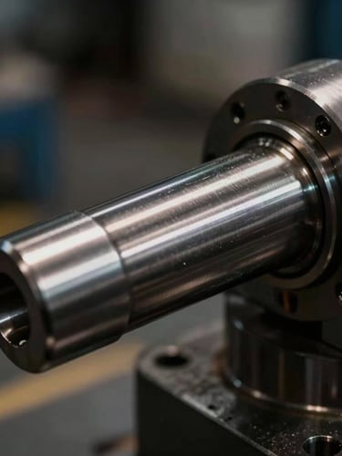 Macro close-up of a high-tolerance hydraulic cylinder shaft with deep metallic tones and sharp focus, industrial workshop background, dramatic side-lighting.