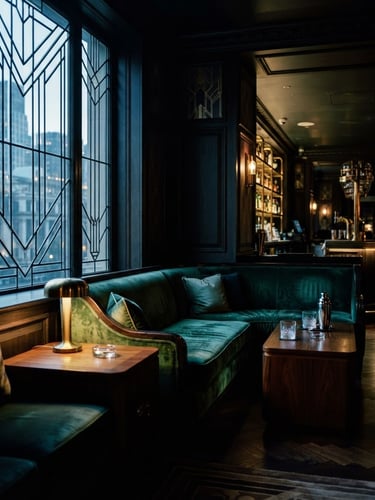 Moody architectural photography of an Art Deco lounge, rich velvet textures, deep shadows, dramatic window light, 35mm tilt-shift lens.