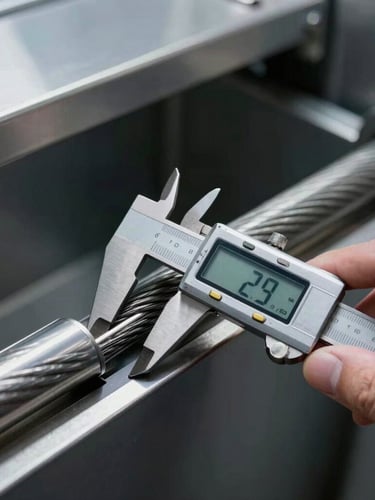 Macro shot of a technician using a digital caliper to measure steel cable diameter inside a clean elevator shaft, cool metallic tones, high contrast