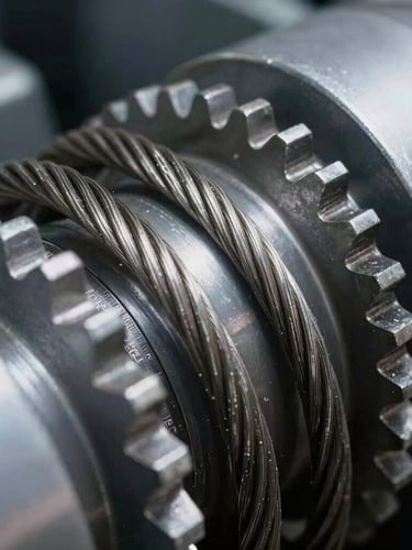 Macro close-up of clean mechanical elevator gears and steel cables, cool metallic tones, sharp industrial lighting, high contrast, 35mm lens