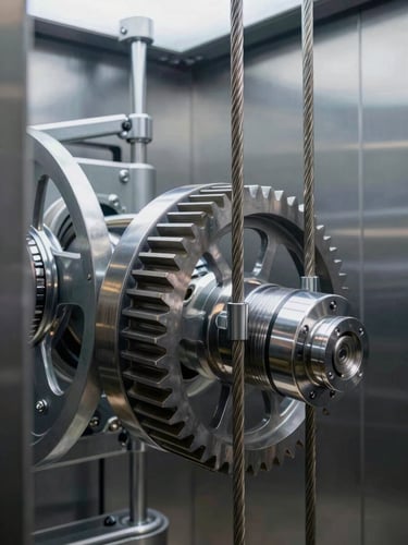 Close-up of clean mechanical gears and steel cables of a modern elevator system, sharp metallic reflections, high contrast, industrial lighting