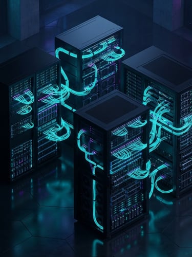Sleek 3D render of isolated server racks with glowing cyan fiber paths, dark low-key lighting, isometric perspective, ultra-sharp detail
