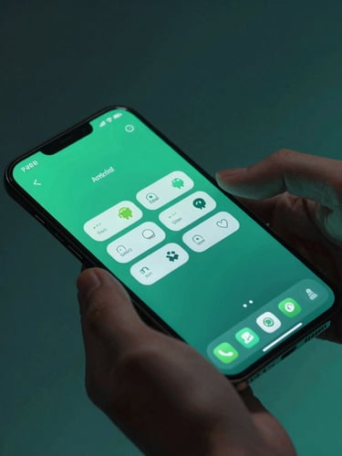 Sleek tech photography of hands interacting with a high-resolution Android device, showing fluid UI animations, cool studio lighting with cyber-green accents, macro lens