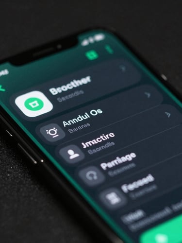Macro shot of a high-resolution mobile screen displaying a sleek dark mode productivity app interface, electric teal accents, cool studio lighting, sharp focus.