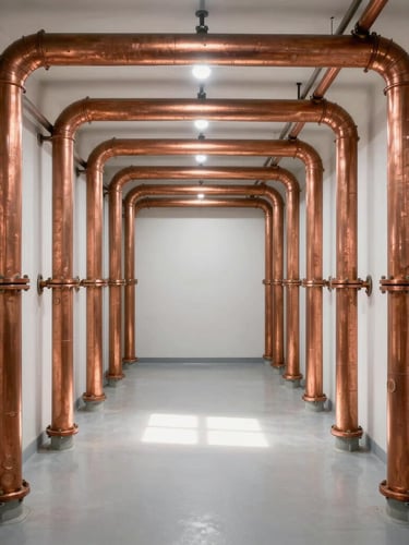 Straight-on architectural shot of a pristine mechanical room, parallel copper piping aligned symmetrically, clean natural light, no clutter.