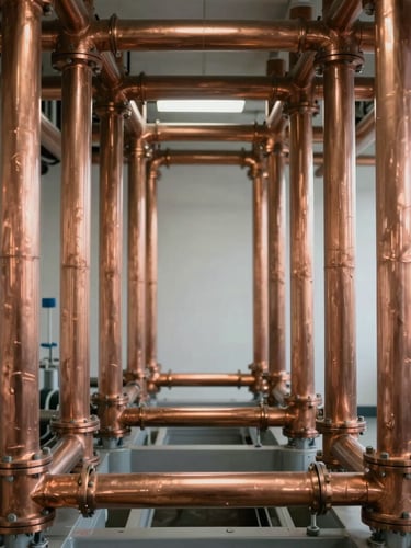 Symmetrical straight-on shot of immaculate parallel copper piping in a bright, clean mechanical room, natural light, highlighting precise technical craftsmanship.