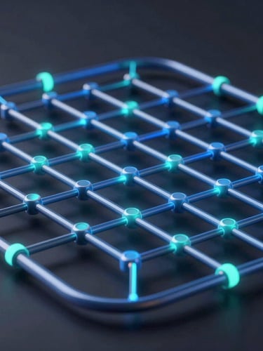 Sleek 3D render, dark mode, glowing neon blue and teal accents, abstract digital network representing structured procurement pipelines, octane render