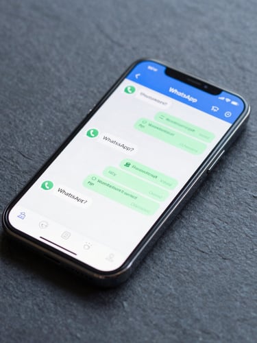 Close-up of a modern smartphone showing a clean WhatsApp chat interface with professional customer service messages, cool blue studio lighting, sharp focus on the screen, slate gray background