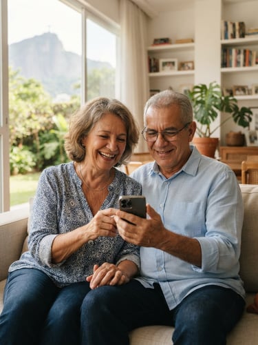 Warm editorial photo of a smiling retired Brazilian couple in their 60s sitting in a bright, sunlit living room, holding a smartphone together, natural daylight, soft focus