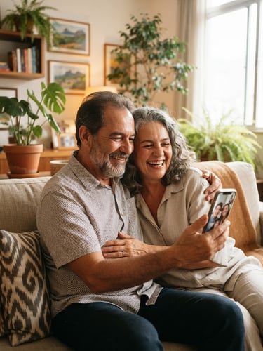 A warm portrait of a smiling retired Brazilian couple in their 60s sitting in a sunlit living room, looking at a smartphone screen with genuine relief, soft natural daylight, shallow depth of field.
