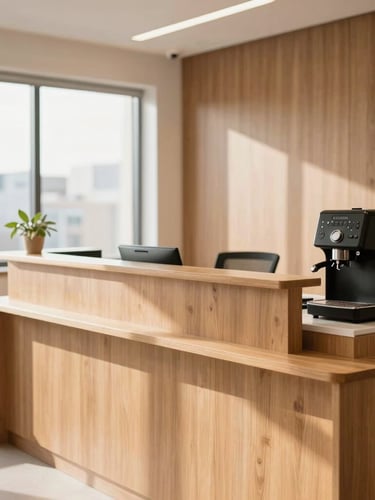 A clean, bright reception desk of a professional financial office in Guarulhos, with warm wooden details, a small coffee station, soft natural light streaming through a window, inviting atmosphere.