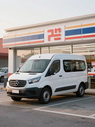 A clean regional delivery van parked outside a bright, modern independent convenience store at sunrise, soft warm daylight, 35mm lens