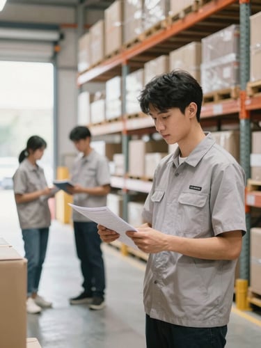 A well-organized regional warehouse interior with a team member in a clean uniform checking inventory lists, bright natural daylight, soft realistic tones.