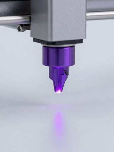 Macro shot of a high-precision 3D printer nozzle extruding glowing purple filament with absolute accuracy, clean studio lighting, light gray background