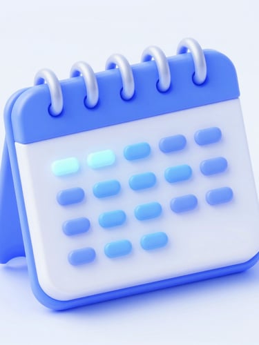 Isometric 3D render of a stylized calendar with glowing blue lines indicating date calculations, minimalist design, bright studio lighting