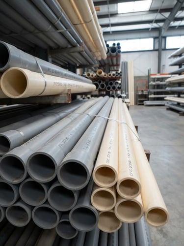 Crisp industrial product photography of stacked PVC and CPVC pipes in a bright warehouse, showing wall thickness and schedule 80 markings, cool blue and gray tones, sharp focus, 35mm