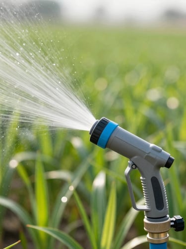 Macro shot of a high-pressure agricultural drip irrigation nozzle spraying clean water onto crops, vibrant green fields, bright morning sunlight, 35mm.