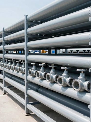 Wide-angle warehouse interior showing neatly organized racks of gray industrial pipes and heavy-duty valves under bright daylight, sharp focus