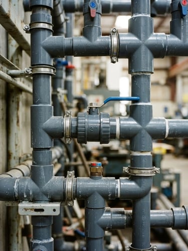 High-resolution close-up of heavy-duty industrial PVC pipe fittings and valves, crisp daylight, cool blue and gray tones, 35mm