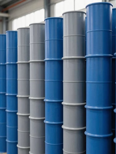Neatly aligned blue and gray PVC pipe stacks inside a modern warehouse, clean industrial shelving, bright daytime warehouse light, sharp focus.