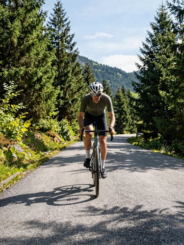 Low-angle action shot of a cyclist riding a modern gravel bike along a paved mountain pass, bright morning sun reflecting off the asphalt, lush green pine forests in the background.