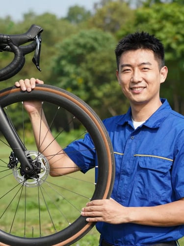 Close-up portrait of a friendly male mechanic and guide holding a touring bicycle wheel, bright outdoor daylight
