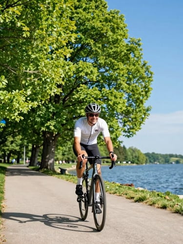 A cyclist smiling while riding on a scenic lakeside path under bright daylight, vibrant green trees and blue water in the background, low-angle action shot.