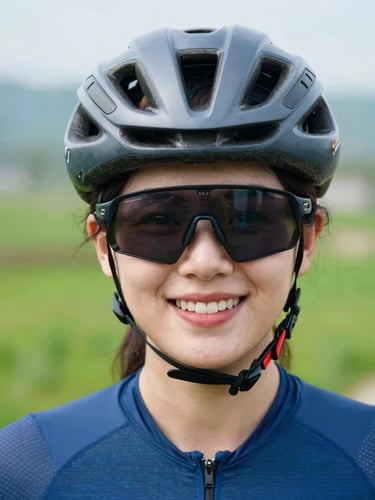 Close-up portrait of a friendly female cycling guide wearing a helmet and sunglasses, smiling outdoor background with soft daylight