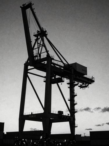 Low-key black and white architectural close-up of a deep-water container terminal at dusk, sharp directional light casting geometric shadows on steel cranes, high contrast, 35mm film grain