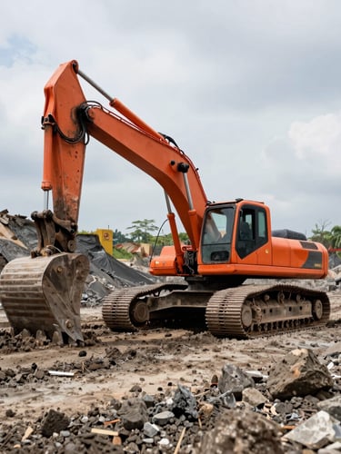 Low-angle heroic shot of a heavy orange excavator working on a muddy mining site in Southeast Sulawesi, high-contrast natural daylight, gritty industrial photography