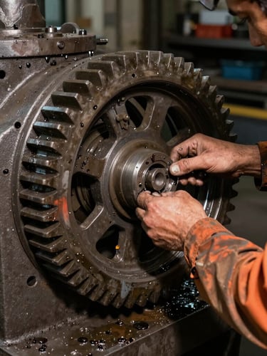 Close-up of industrial mechanic hands installing a heavy gear component inside a workshop, dramatic shadows, grease and steel texture, 35mm lens