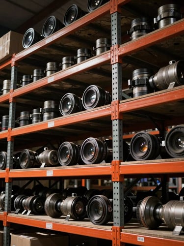 Low-angle heroic shot of organized heavy-duty spare parts on warehouse shelves, dramatic lighting, safety orange accents, high-contrast earth tones