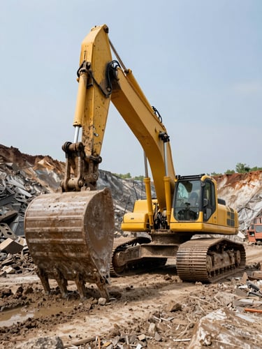 Low-angle heroic shot of a massive yellow excavator bucket operating in a muddy Kendari mining site, harsh natural daylight, high-contrast industrial grit