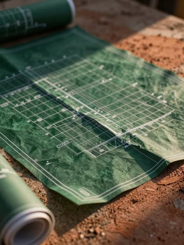 Close-up of civil engineering blueprints overlaying raw textured concrete, sharp focus, dramatic lighting, forest green and terracotta tones