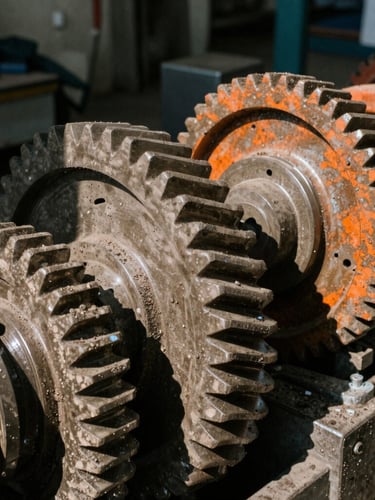 Close-up of industrial machinery gears being inspected, high-contrast natural daylight, dramatic workshop shadows, gritty 35mm photography