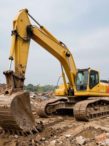 Low-angle heroic shot of a massive yellow excavator digging in a muddy nickel mining site in Kendari, harsh natural daylight, high-contrast earth tones