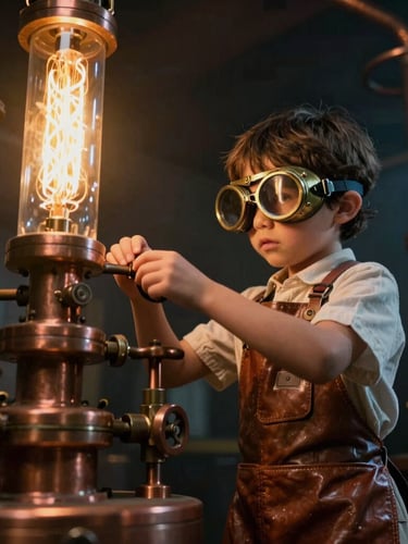 Dramatic low-angle shot of a child in leather apron and brass safety goggles adjusting copper valves on a steam apparatus, warm golden filament glow, cinematic steampunk photography