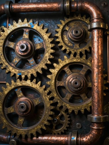 Tight cinematic close-up of interlocking weathered brass gears and copper pipes, dramatic high-contrast lighting with electric blue highlights, industrial texture