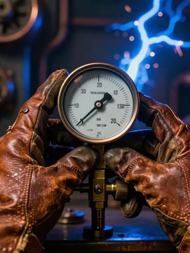Cinematic steampunk photography, close-up of focused hands in heavy leather work gloves adjusting a brass dial on a pressure gauge, cool electric blue sparks in the background, high-contrast, 35mm lens.