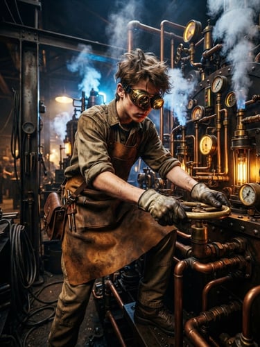 Cinematic steampunk photography, wide low-angle action shot of a teenager in a leather apron and brass safety goggles adjusting copper valves on a steam-powered apparatus, warm golden filament glow, high-contrast industrial texture.