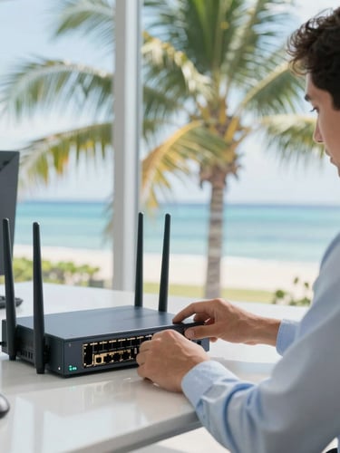 A local IT specialist in a bright, modern Rarotonga office configuring a sleek network router, soft sunlight reflecting off glass windows, lush palm leaves visible outside.