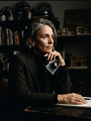 Moody editorial portrait of a creative director in low-key side lighting, deep shadows, rich textures, 35mm film style