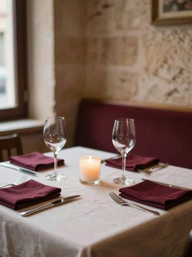 Intimate warm candlelit table setting inside Hostaria del Viale, soft focus on wine glasses and linen, deep burgundy accents, historical stone wall in background, 35mm photograph