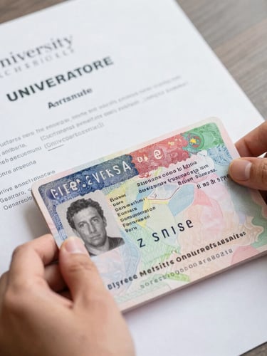A close-up of hands holding a stamped visa document and university acceptance letter, bright natural daylight, clean composition
